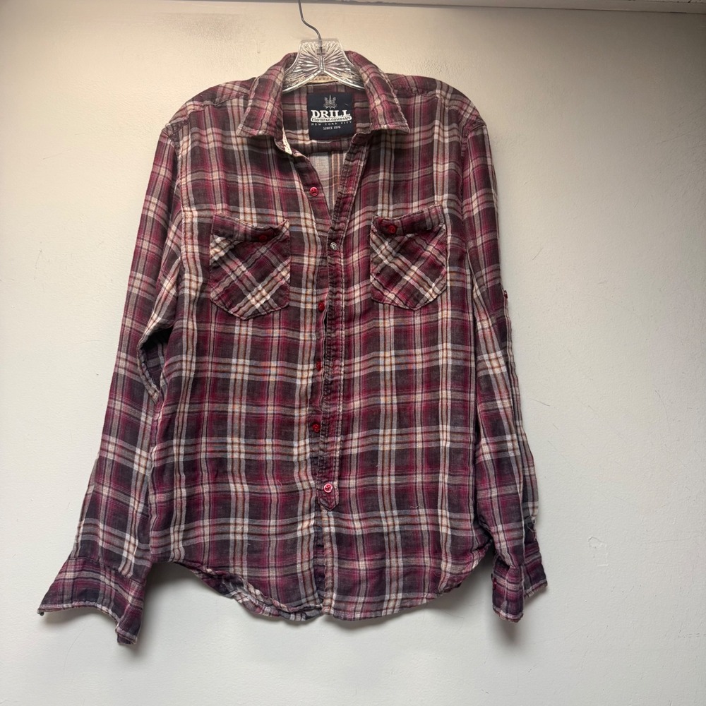 Drill Clothing Co Plaid Button Down Mens Large Burgundy Flannel Style Excellent